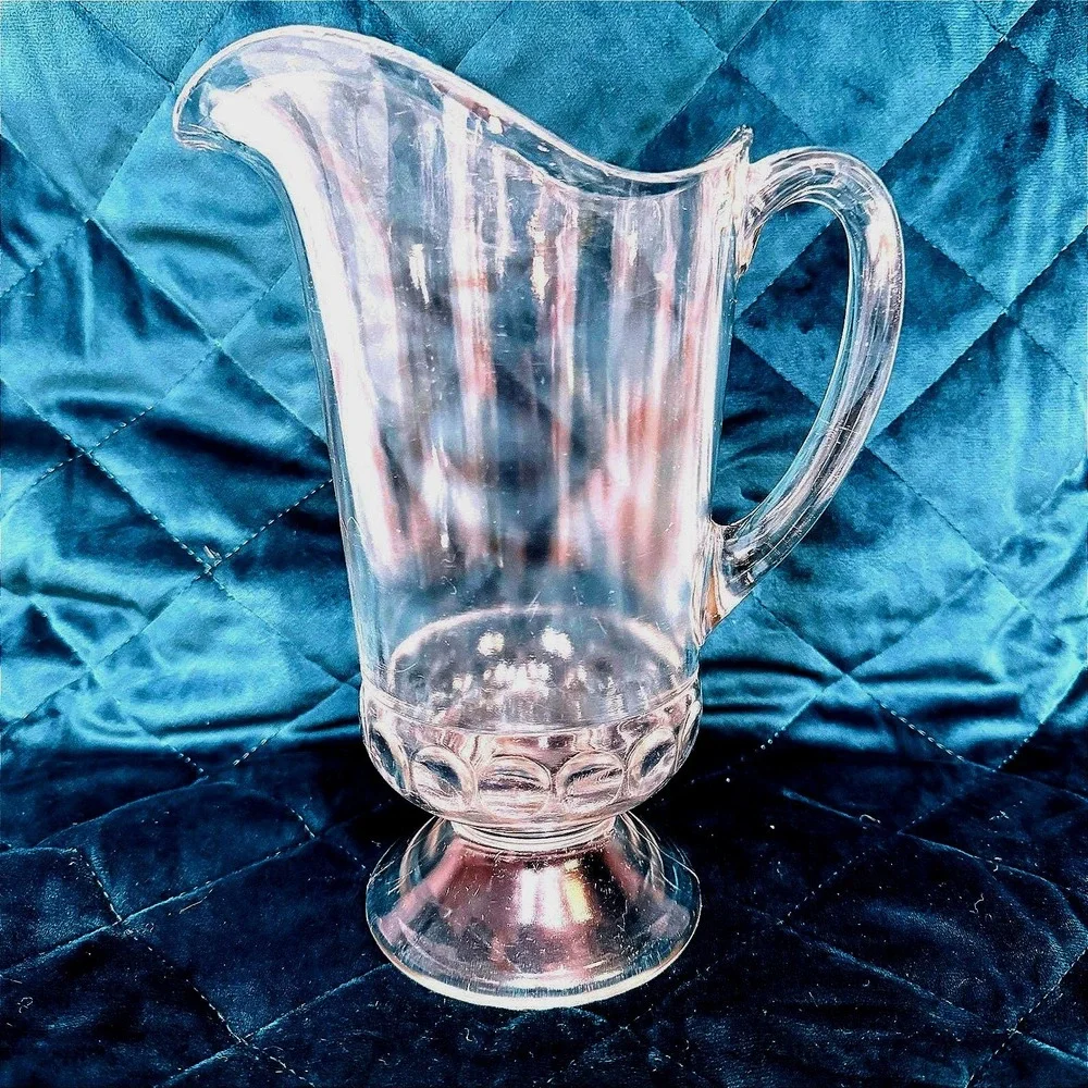 Vintage U.S. Glass‎ Co. Clear Water Pitcher Footed Pedestal Bottom Thumbprint